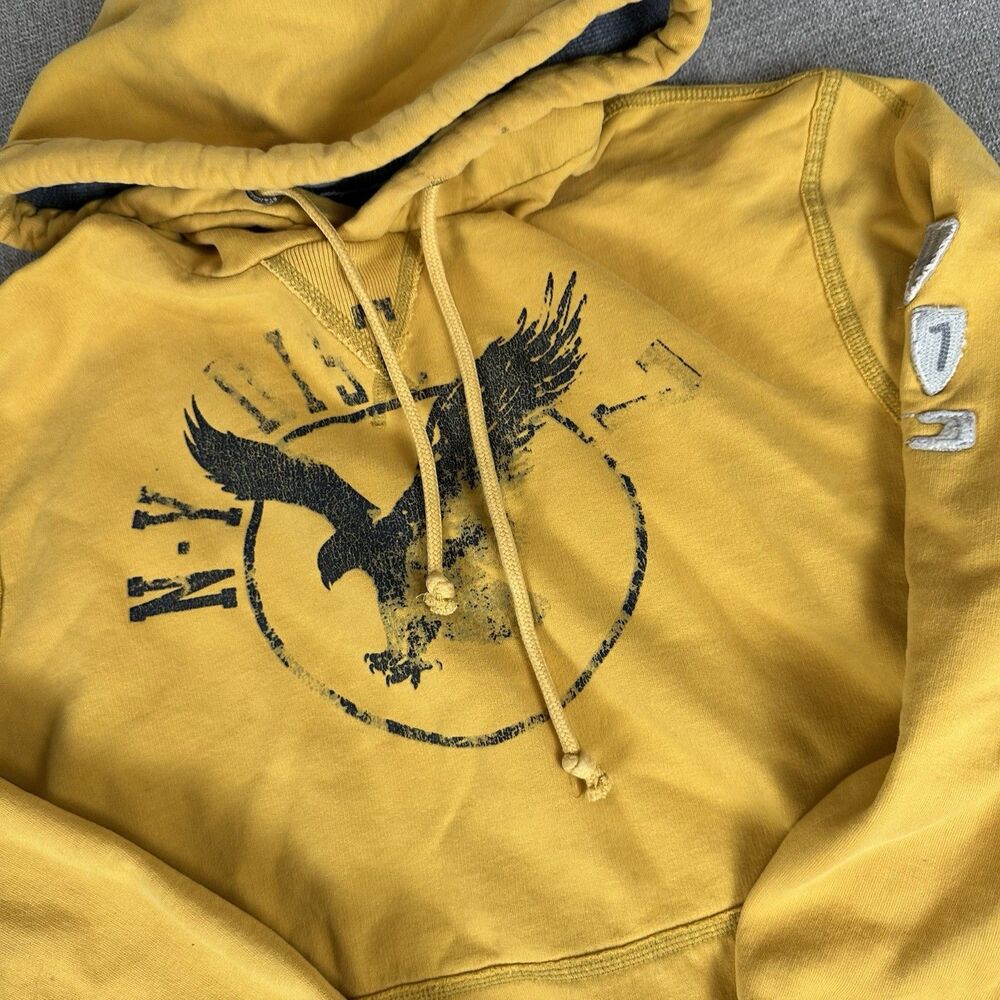 American Eagle Mens Hoodie Distressed Embroider XL Heavyweight Yellow Sweatshirt